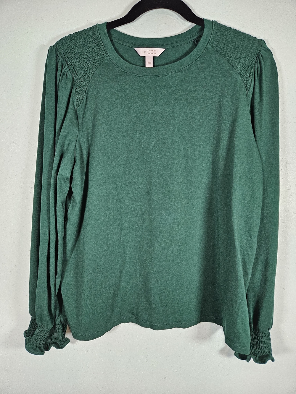 LC Lauren Conrad Dark Green Smocked Shoulder Long Sleeve Tee